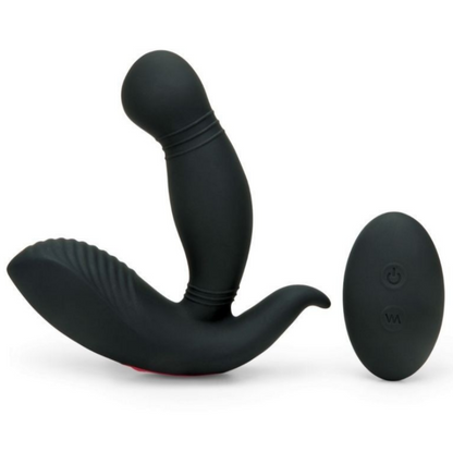 Black silicone butt plug with remote control on a white background