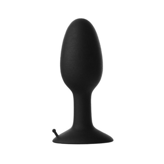 Black silicone butt plug on a white background