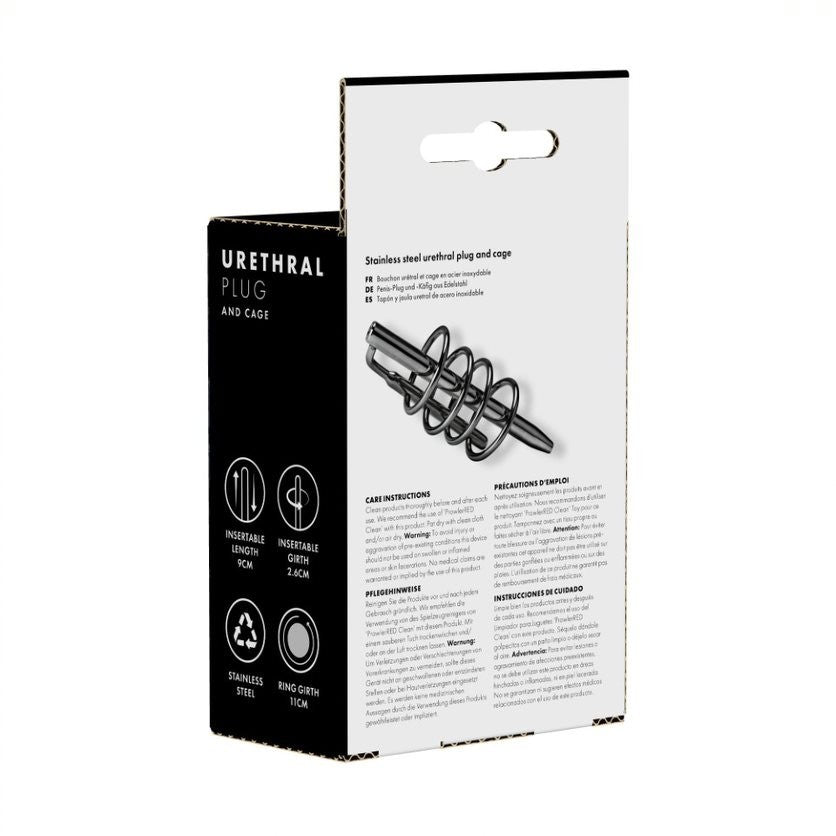 Package of a urethral plug with black and white design on a white background