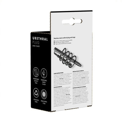 Package of a urethral plug with black and white design on a white background