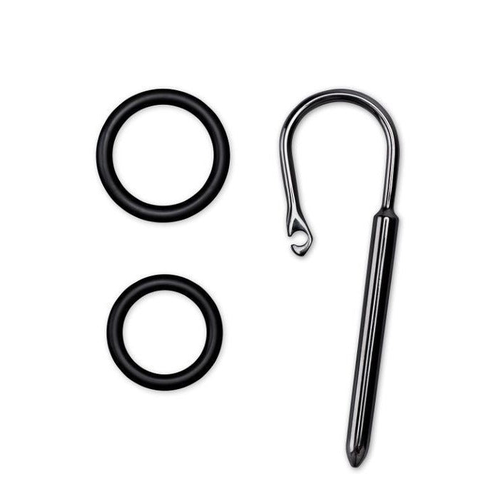 Set of black metal rings and a hook on a white background