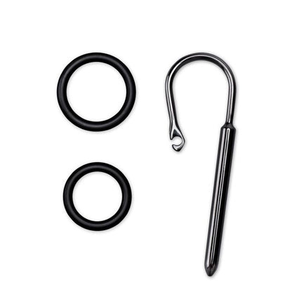 Set of black metal rings and a hook on a white background