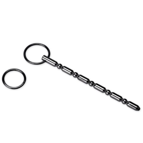 Metal keychain with a long twisted urethral sound design on a white background