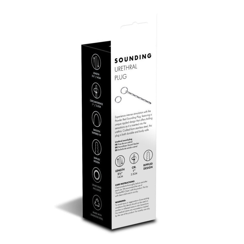Black and white packaging of a 'Sounding Urethral Plug' on a white background