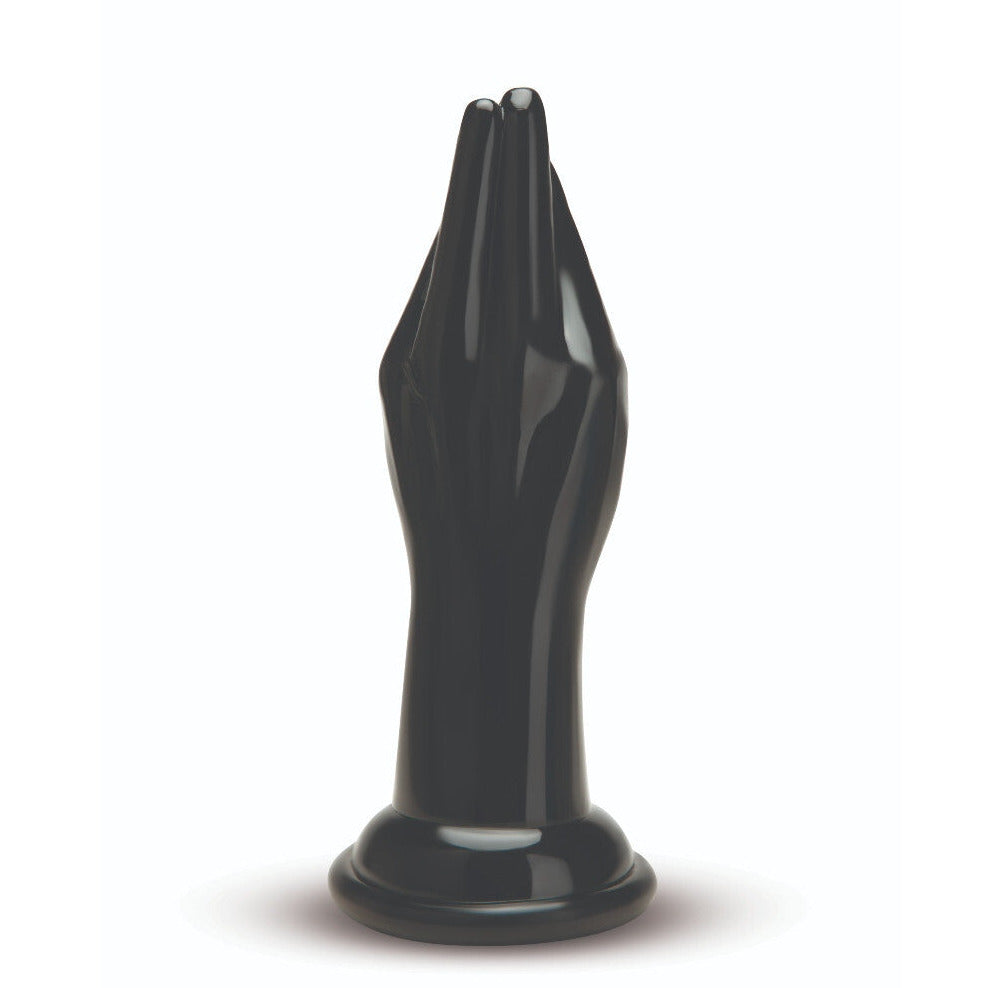Black dildo resembling a hand on a white background