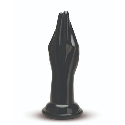 Black dildo resembling a hand on a white background