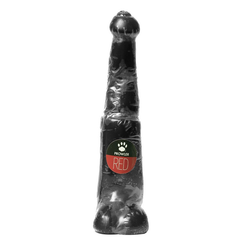 Black sex toy with a visible brand label on a white background