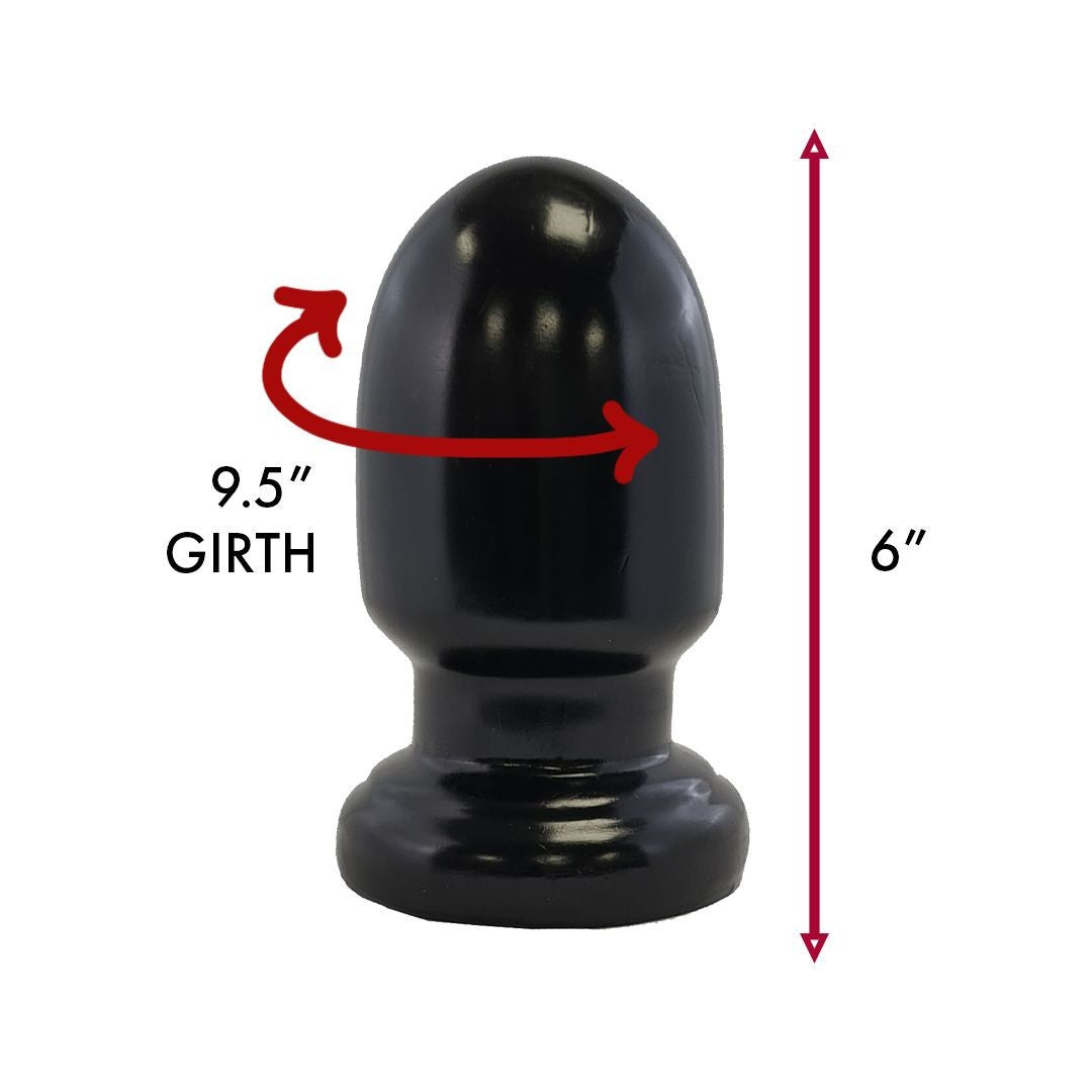Black butt plug with measurements labeled on a white background