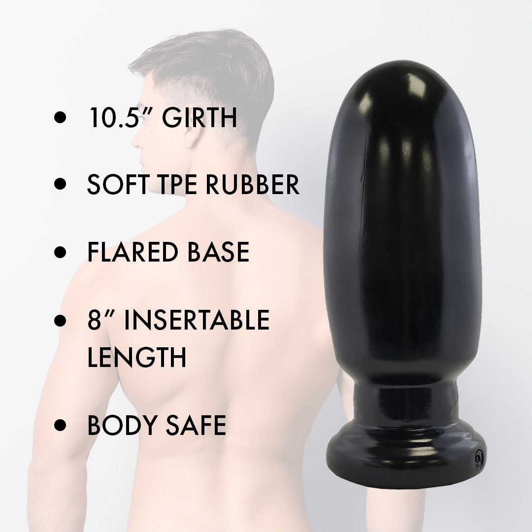 Black rubber anal plug with measurements and features on a white background