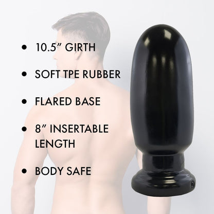 Black rubber anal plug with measurements and features on a white background