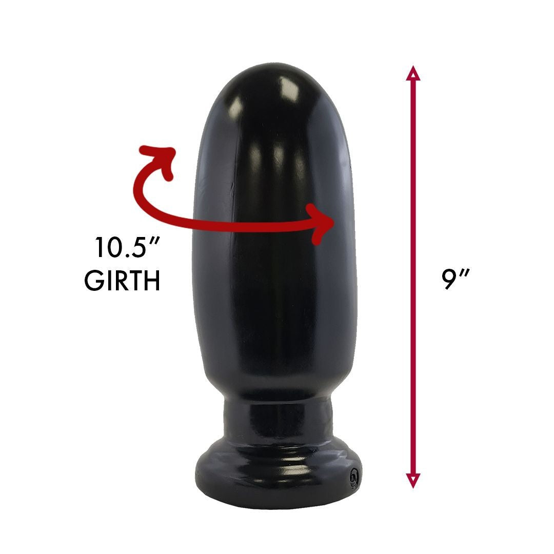 Black cylindrical butt plug with measurements indicated on a white background