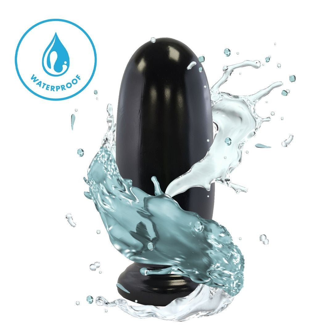 Black waterproof device with water splashes on a white background
