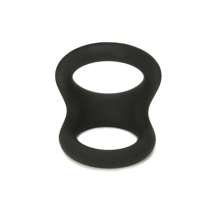 Black silicone cock ring on a white background