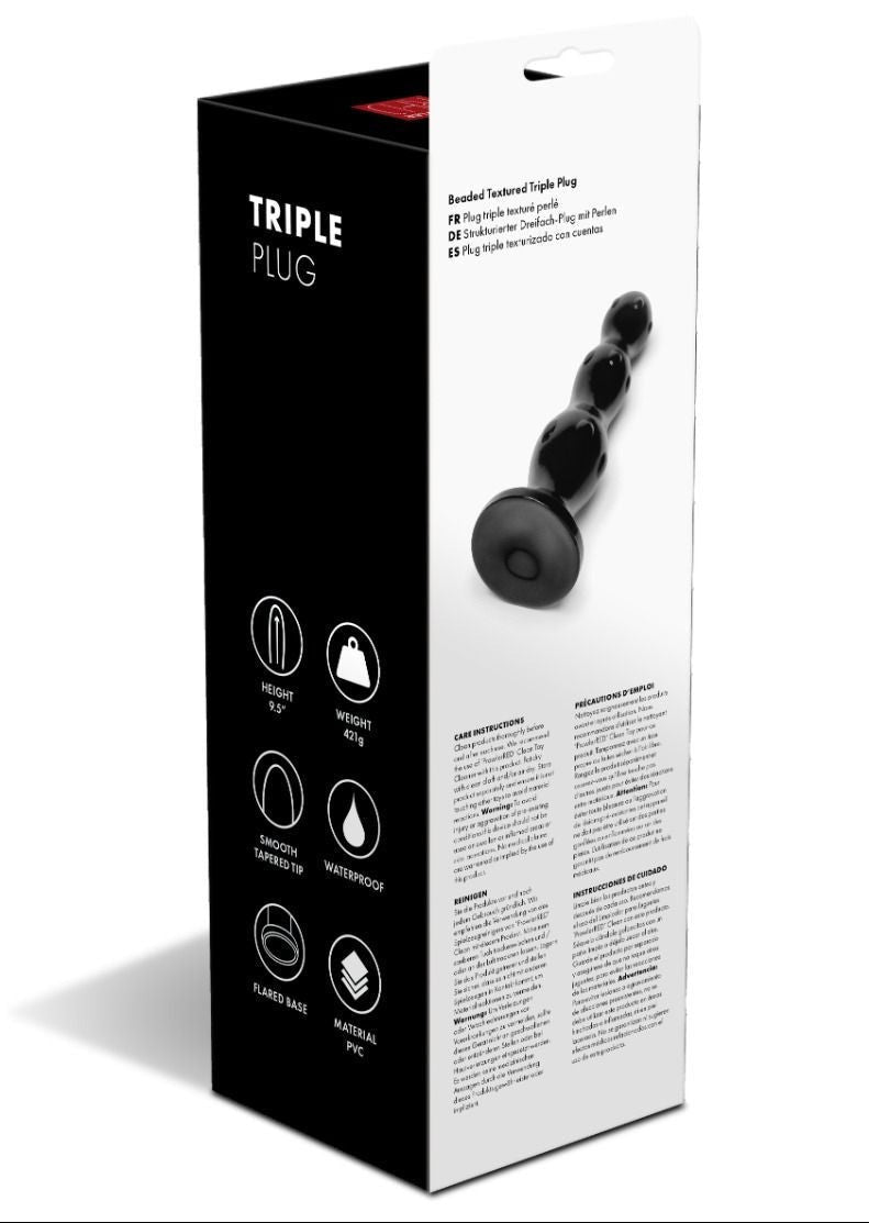 Box packaging of a product labeled 'Triple Plug' with black plugs on a white background.