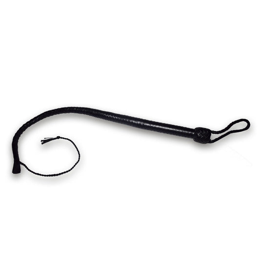 Black leather whip on a white background