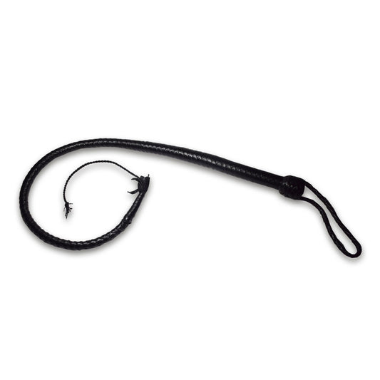 Black leather whip on a white background