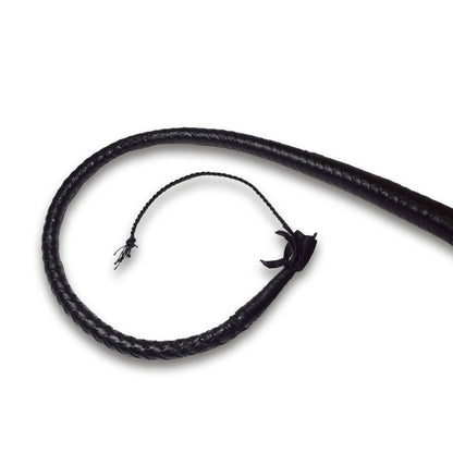 Black leather whip on a white background