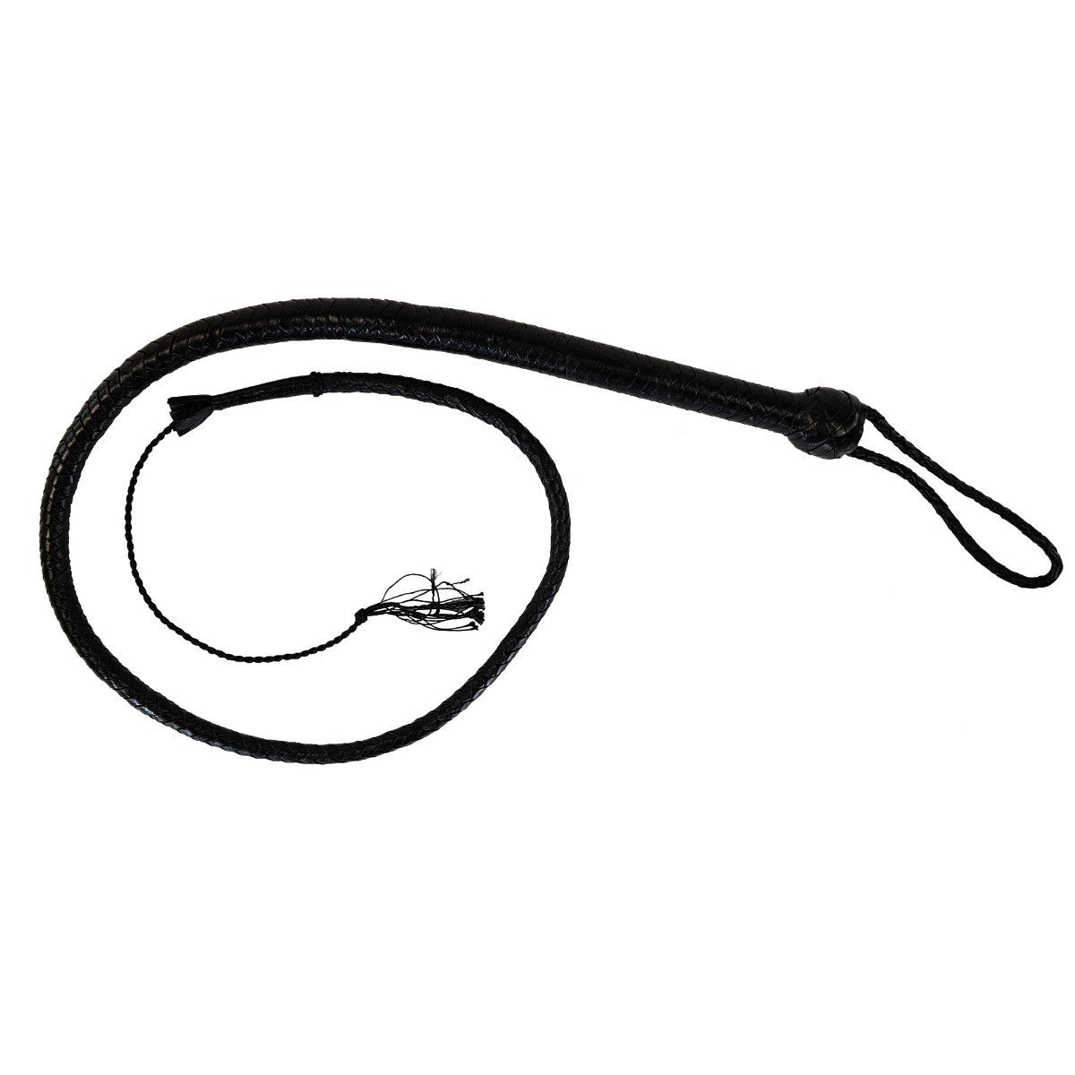 Black leather whip on a white background