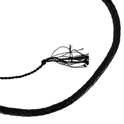 Black braided whip on a white background