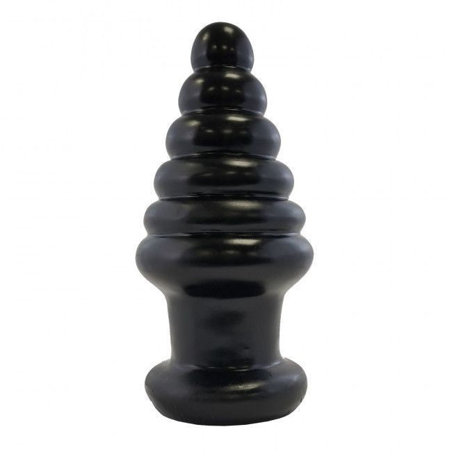 Black, tiered decorative anal plug on a white background