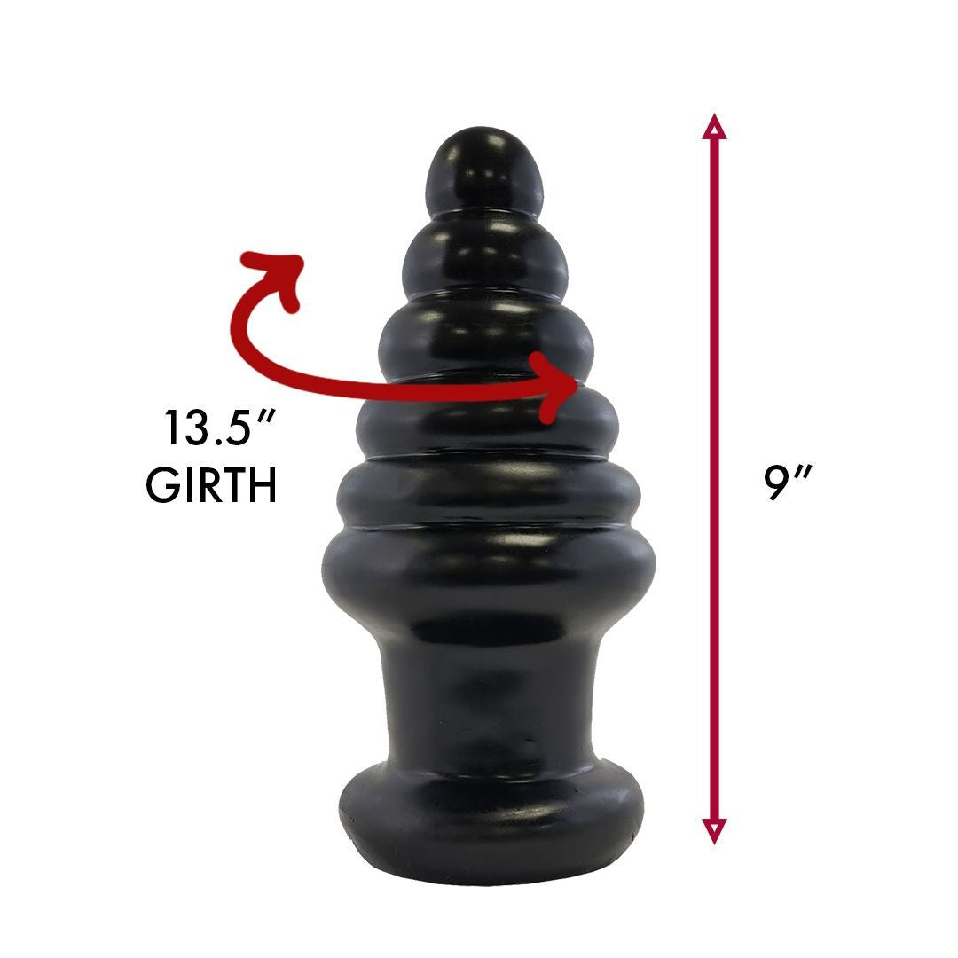 Black sex toy with measurements indicated on a white background