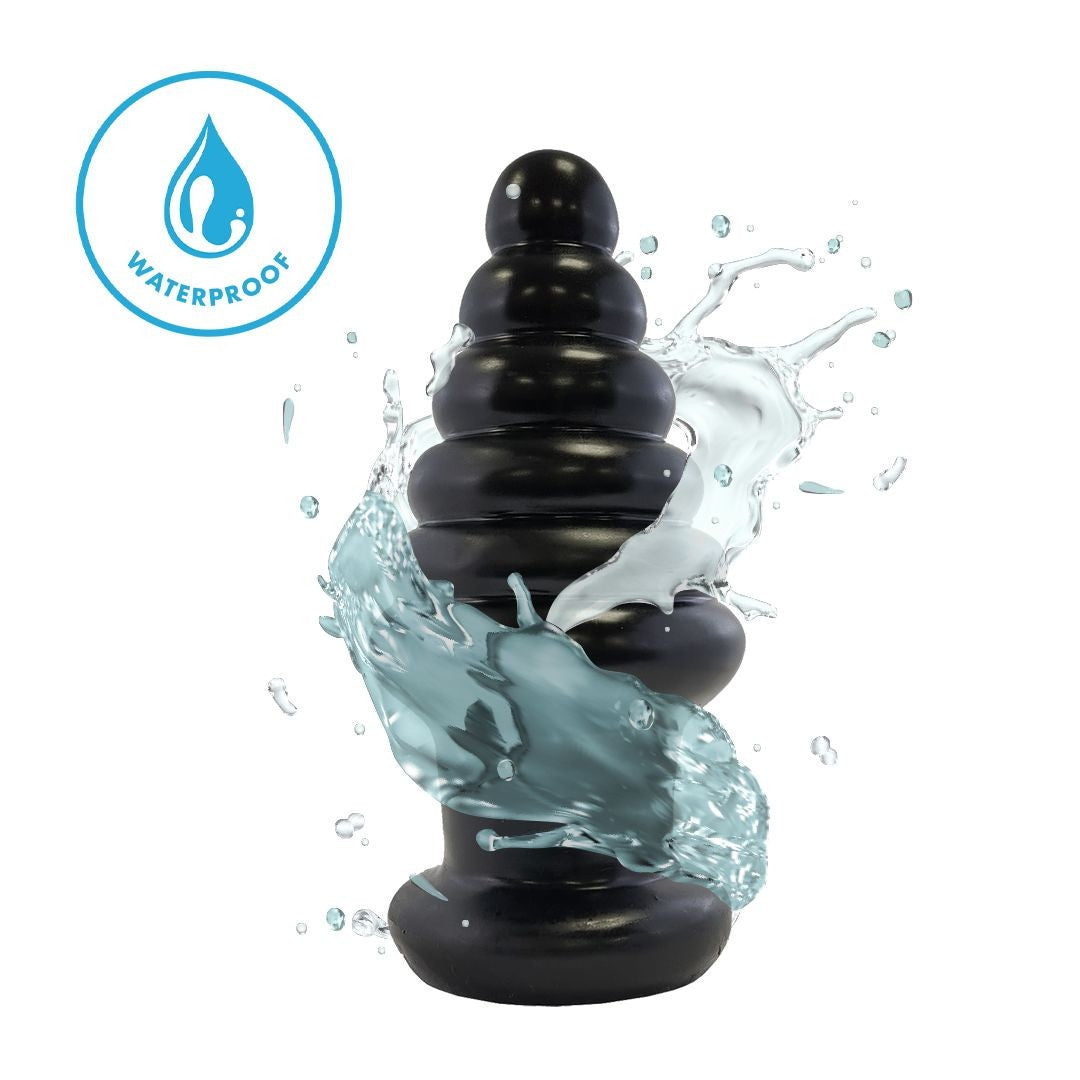 Black anal plug with water splashes and a waterproof logo on a white background