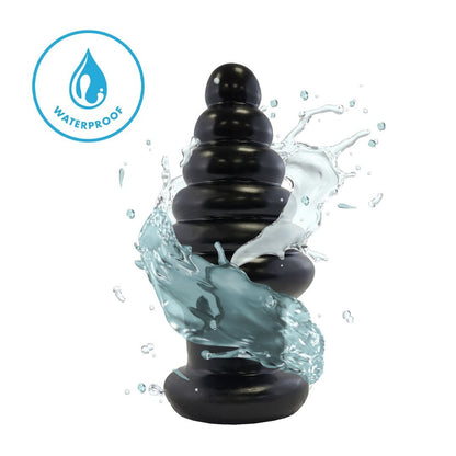 Black anal plug with water splashes and a waterproof logo on a white background