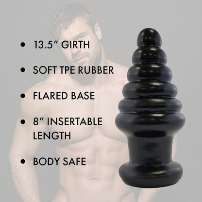 Black rubber sex toy with specifications listed on a gray background