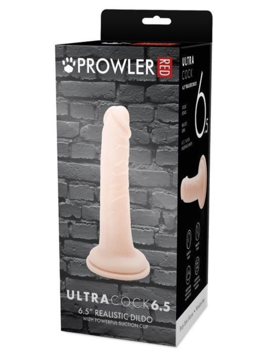 Product packaging of a 'Prowler Ultra Cock' with a realistic dildo design on a black background.