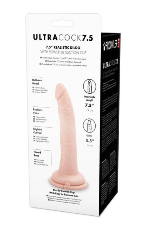 Box of Ultra Cock 7.5 realistic dildo with suction cup on a white background