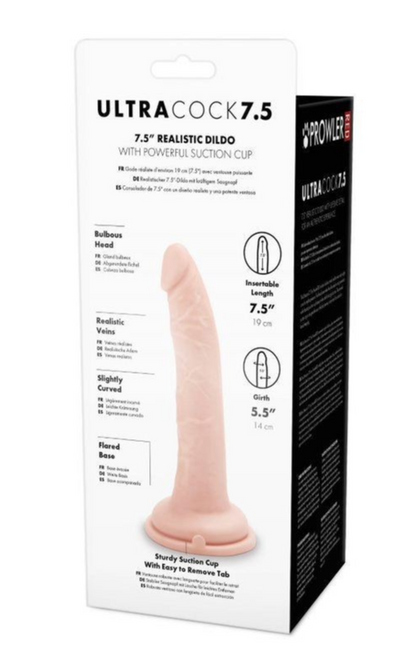 Box of Ultra Cock 7.5 realistic dildo with suction cup on a white background