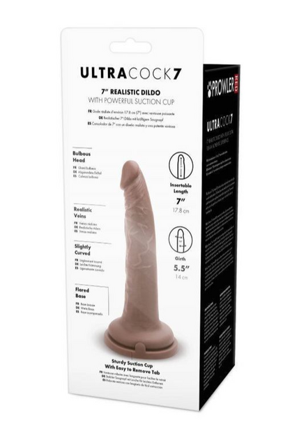 Product packaging of Ultra Cock 7 realistic dildo with suction cup on a white background