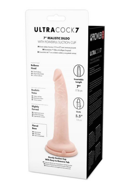 Package of Ultra Cock 7 realistic dildo with suction cup on a white background