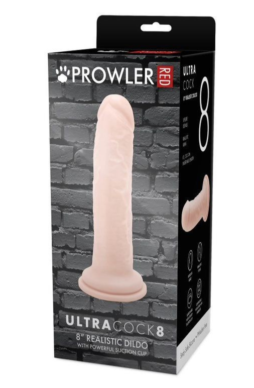 Prowler Ultra Cock 8 realistic dildo packaging with brick wall background