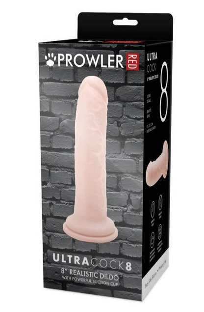 Prowler Ultra Cock 8 realistic dildo packaging with brick wall background