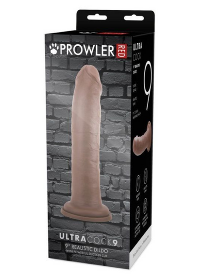 Package of a Prowler UltraCock 9 realistic dildo with brick wall background