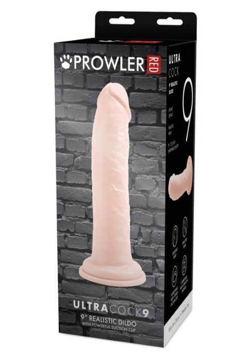 Prowler Ultra Cock 9 realistic dildo packaging with brick wall background