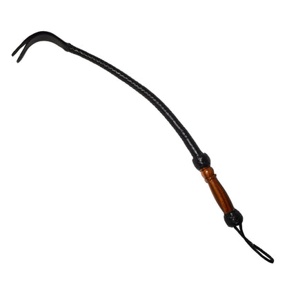 Black leather whip with wooden handle on a white background