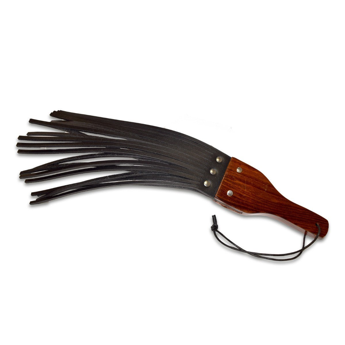 Black leather flogger with wooden handle on a white background
