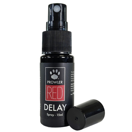 Black spray bottle labeled 'Prowler Red Delay' on a white background