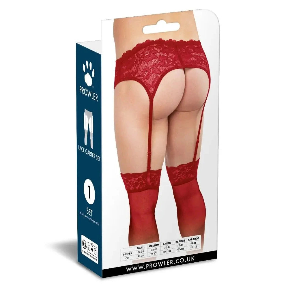 Red lace lingerie set packaging with Prowler branding on a white background