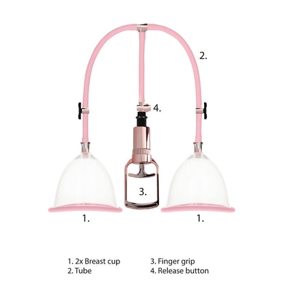 Pink breast pump with labeled parts on a white background