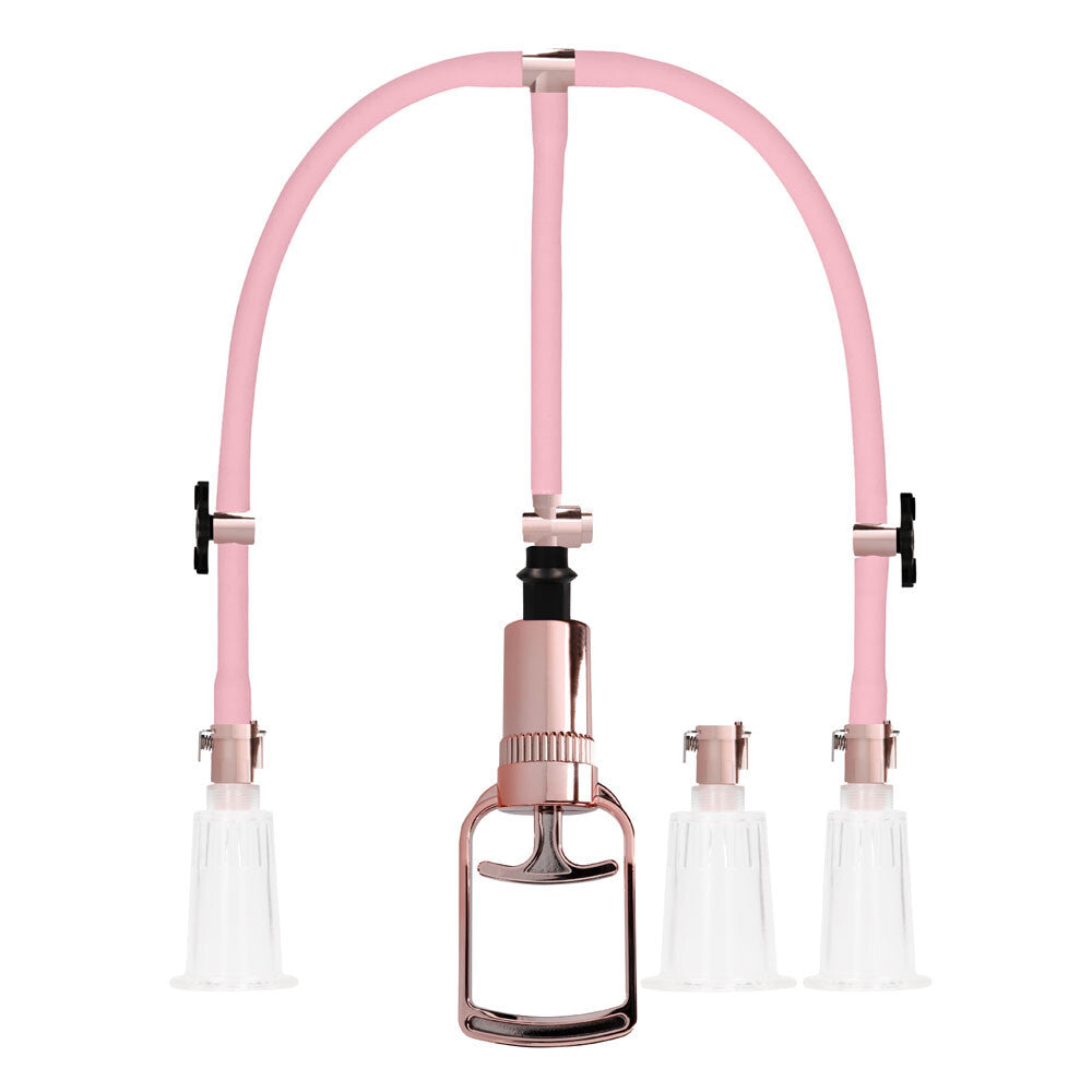 Pink and rose gold nipple and clitoral pump with clear tubes on a white background