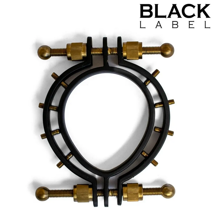 Metal pussy clamp with gold screws on a white background, featuring 'Black Label' branding.