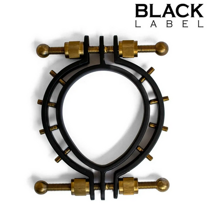 Metal pussy clamp with gold screws on a white background, featuring 'Black Label' branding.