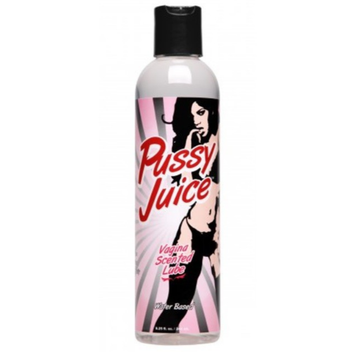 Bottle of Pussy Juice Vaginal Scented Lube with a graphic design on the label.