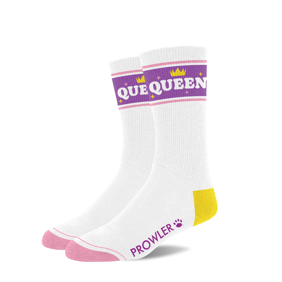 White socks with purple and pink accents featuring the text 'QUEEN' on a white background.