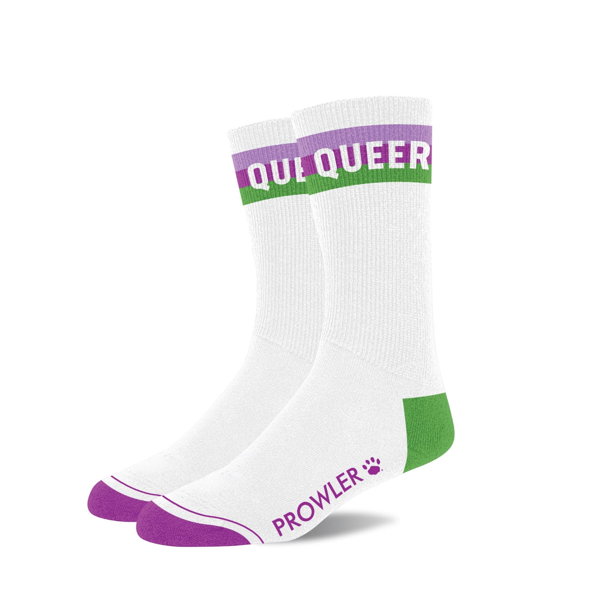 White sock with purple and green accents on a white background