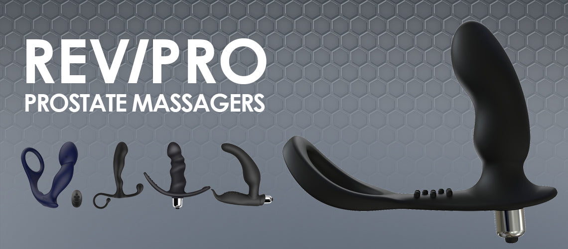 Rev/Pro prostate massagers with a textured gray background