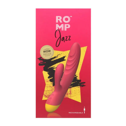 ROMP Jazz Rabbit Silicone Vibrator Red Rechargeable IPX7 Waterproof packaging on a white background